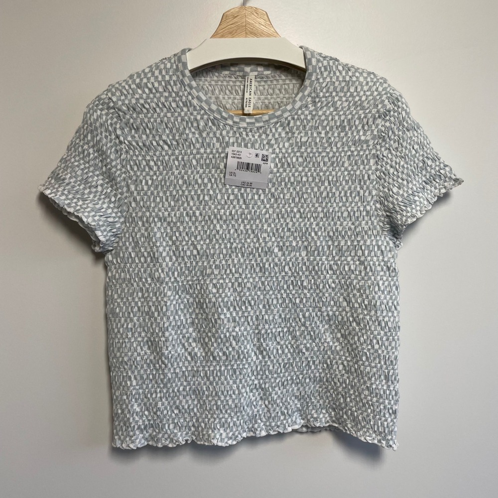 American Eagle Outfitters Women's Smocked Gingham Crop‎ Top T Shirt XL Blue Nwt